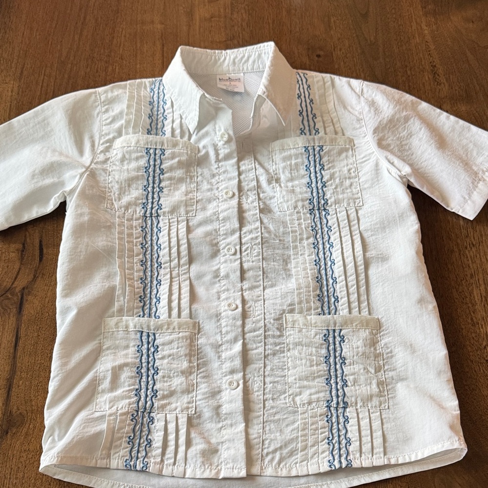 White Kids Short-Sleeve Button-Down Shirt with Light Blue Embroidery